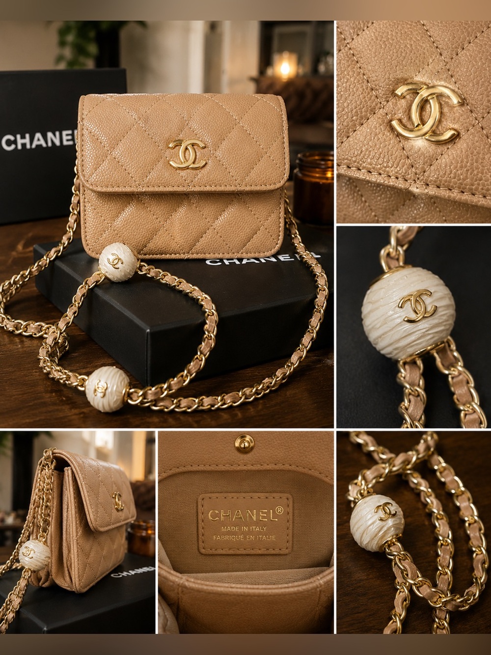 FRIGGIN GORGE Tan Quilted Mini Crossbody with Gold Chain and Ivory Bead Accents